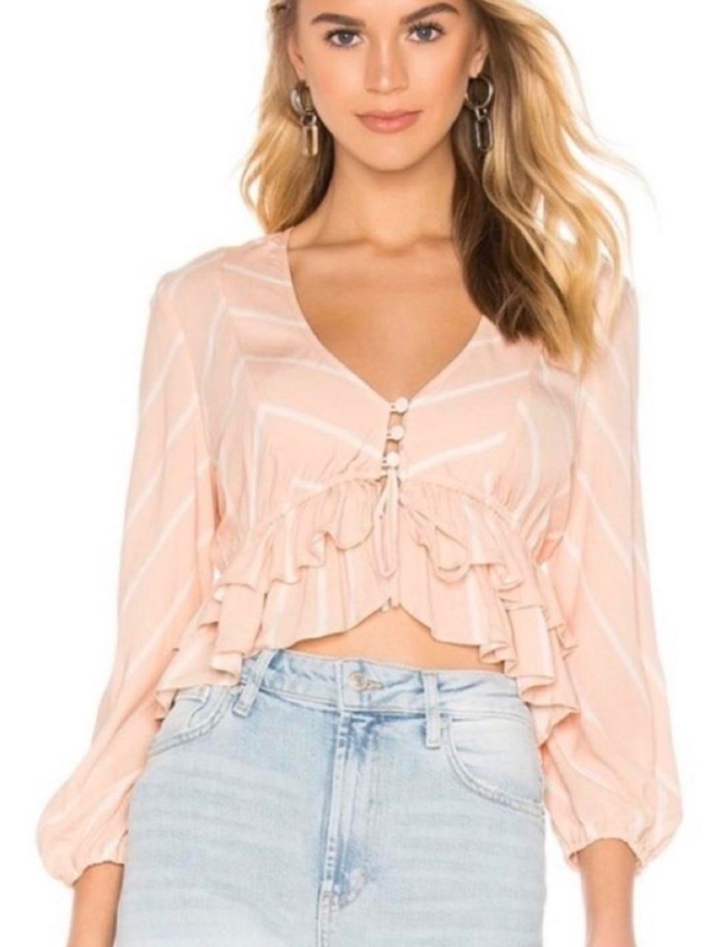 Free People Peach and White Striped V-Neck Button Tie Blouse